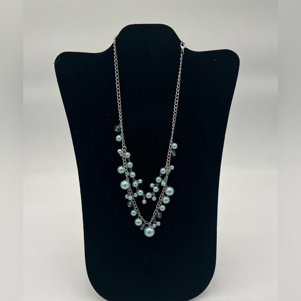 T-Blissfully Bridesmaid Necklace – Blue Beaded Silver Fringe, Adjustable Clasp
